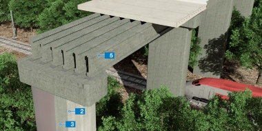 Tilta konstrukcija ar pilāriem un rūpnieciski ražotām sijām